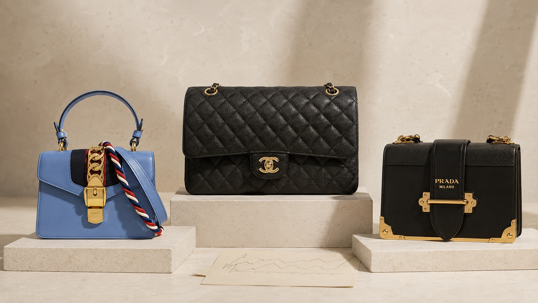 Gucci Sylvie, Chanel Classic Flap and Prada Cahier bags illustrating designer bag resale value