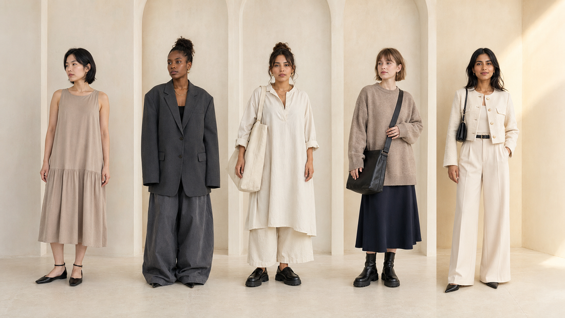 Five petite women with diverse skin tones showing common styling proportion mistakes and one balanced look