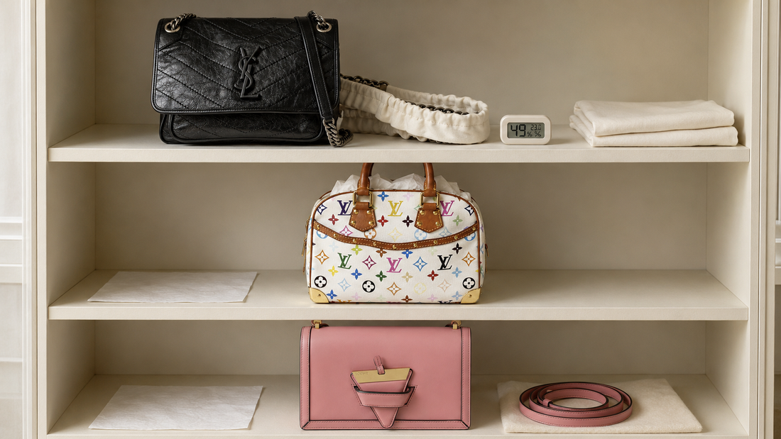 Three designer handbags stored upright on separate ivory shelves with protected chains, supported shapes, and a humidity monitor
