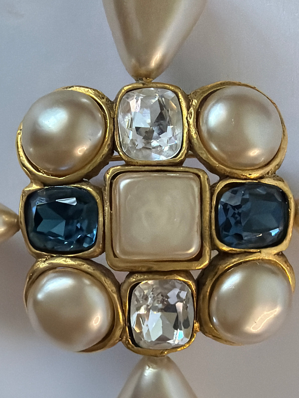 Chanel Pearl Crystal Cross Brooch Gold Ivory Blue Gold-Tone Metal Vintage