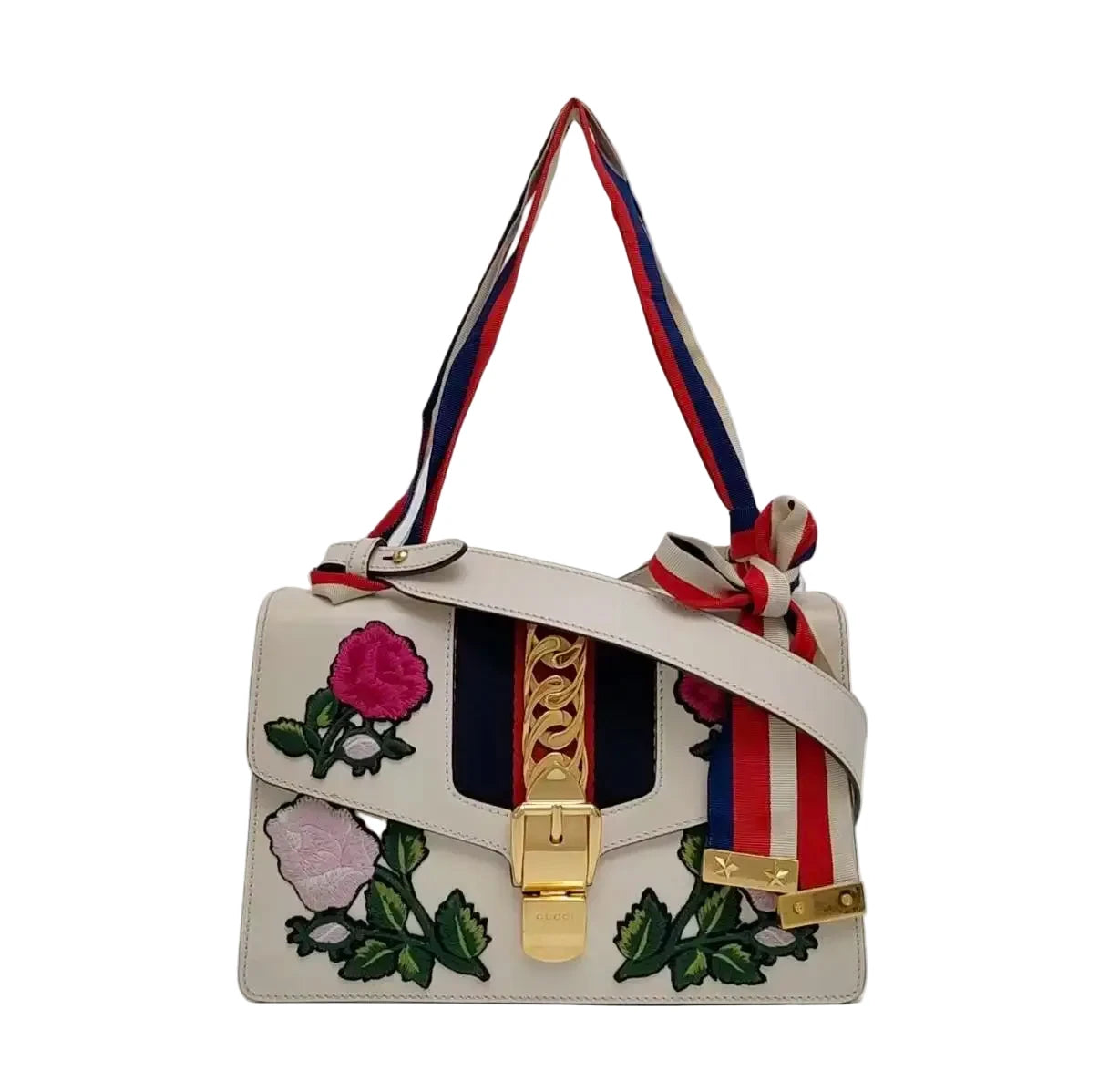 Gucci Sylvie Rose Embroidered Leather Shoulder Bag