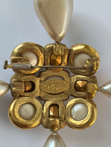 Chanel Pearl Crystal Cross Brooch Gold Ivory Blue Gold-Tone Metal Vintage