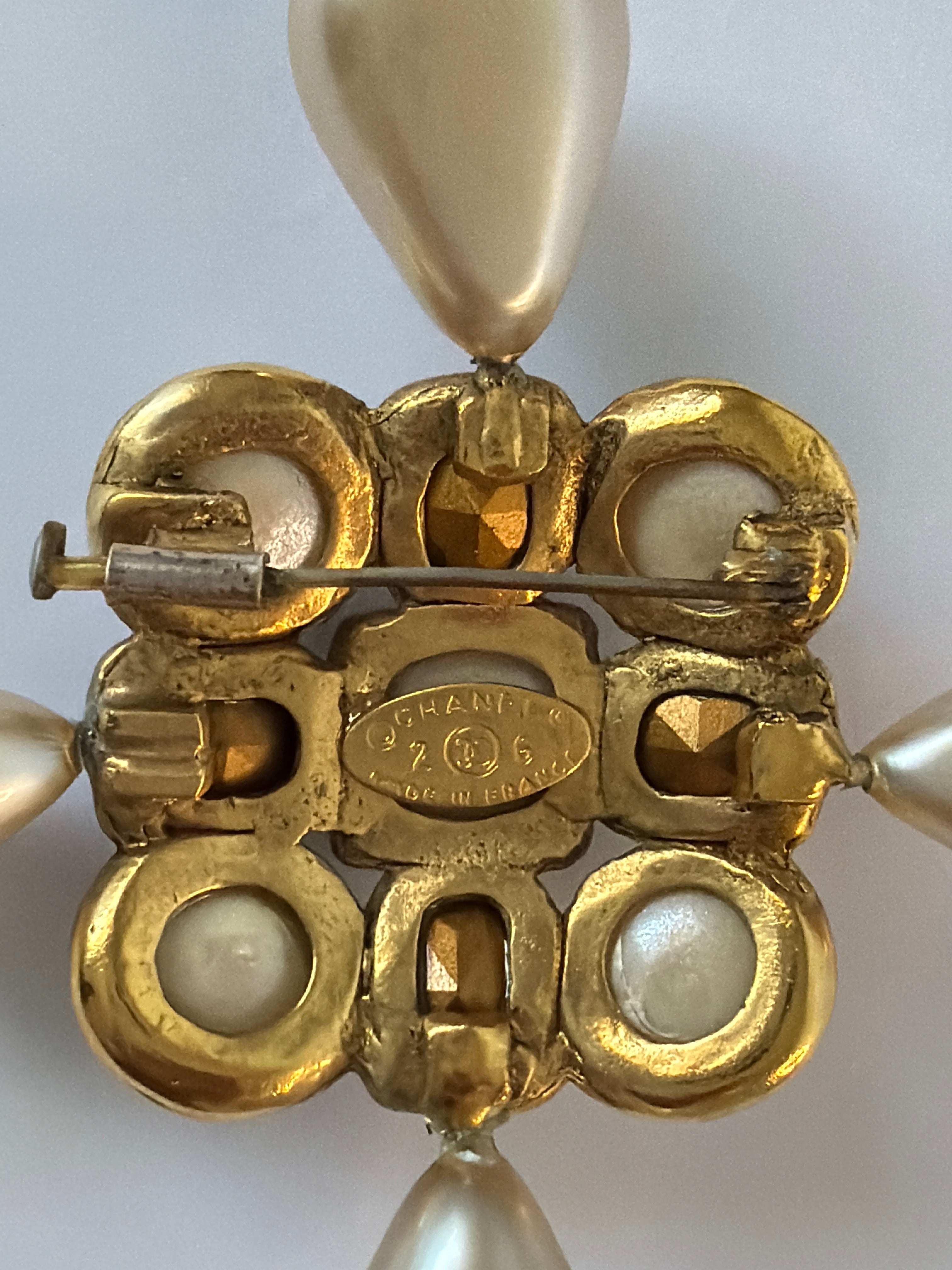 Chanel Pearl Crystal Cross Brooch Gold Ivory Blue Gold-Tone Metal Vintage
