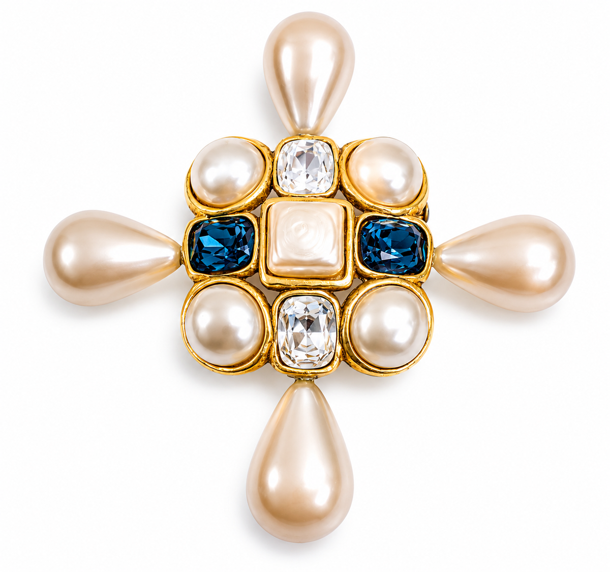 Vintage Chanel Pearl Crystal Cross Brooch Gold Tone France - product view 1