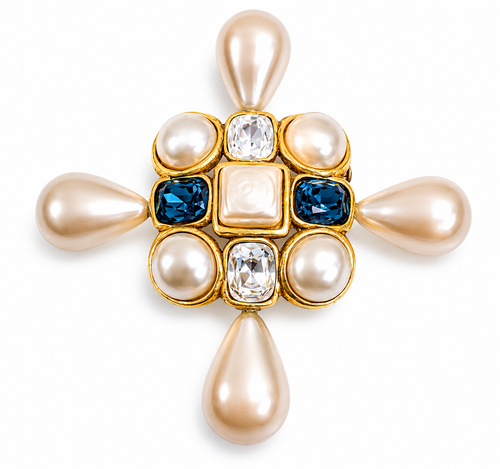 Vintage Chanel Pearl Crystal Cross Brooch Gold Tone France - product view 1