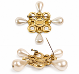 Vintage Chanel Pearl Crystal Cross Brooch Gold Tone France - product view 2