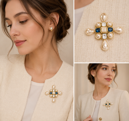 Vintage Chanel Pearl Crystal Cross Brooch Gold Tone France - product view 4