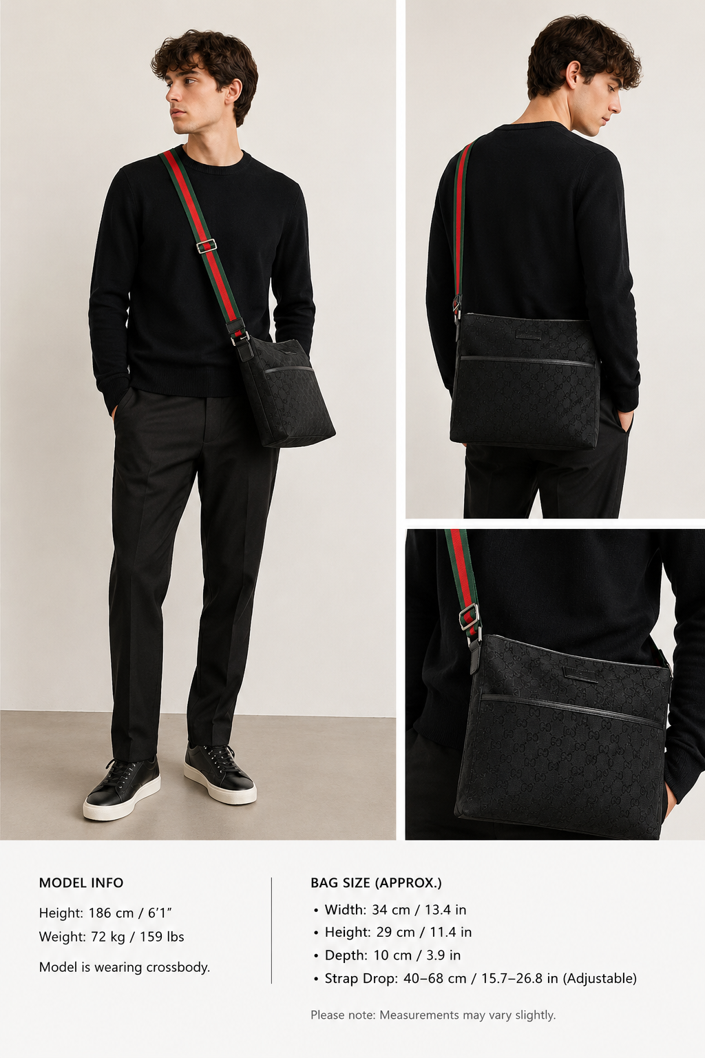 Gucci Black GG Canvas Web Messenger Crossbody Bag Made in Italy
