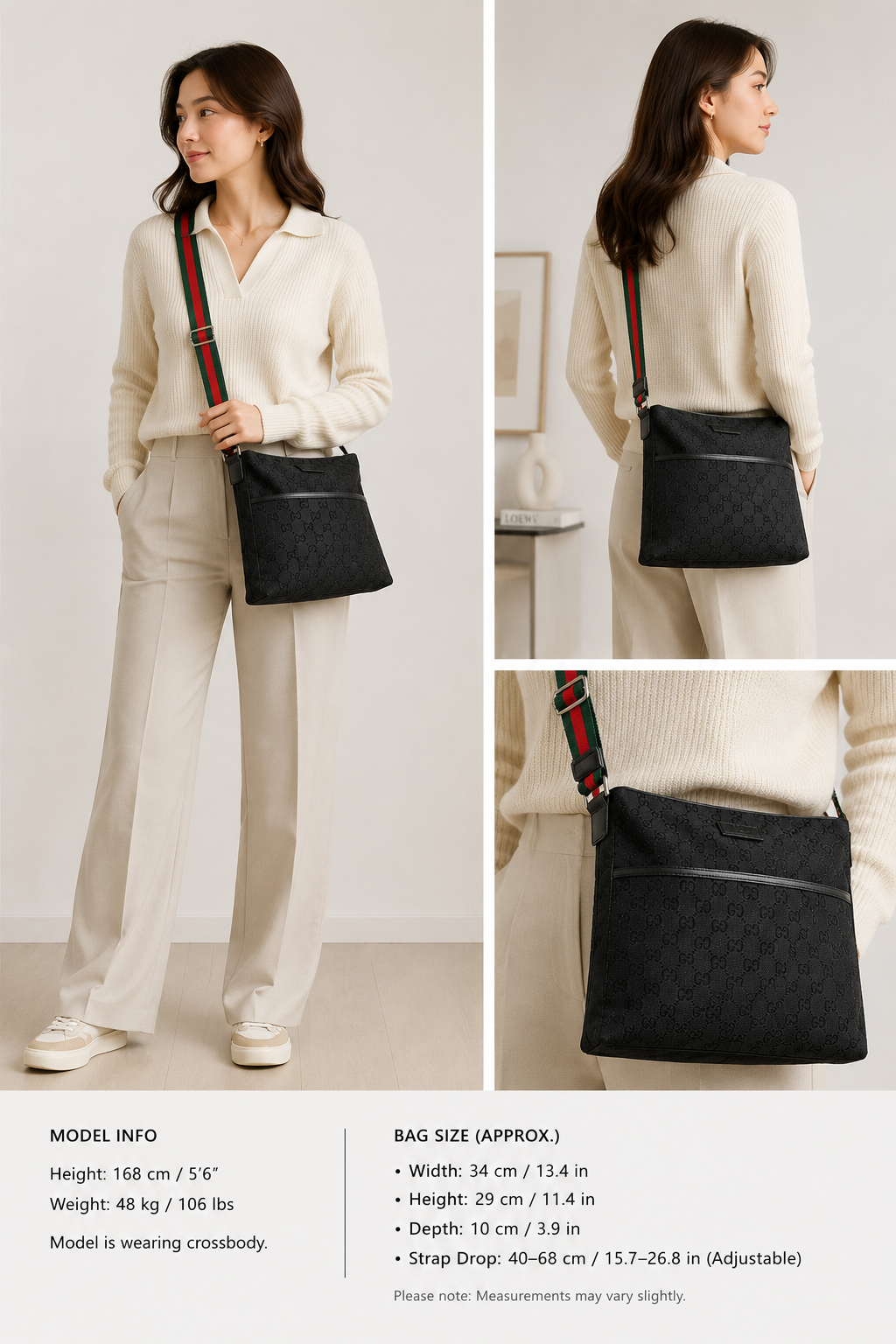 Gucci Black GG Canvas Web Messenger Crossbody Bag Made in Italy