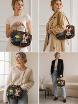 A four-panel collage showing a woman modeling a brown monogram shoulder bag with colorful patchwork embroidery. The top-left panel shows her in a white dress, the top-right in a beige trench coat, the bottom-left in a cream sweater, and the bottom-right in a black blazer with jeans.