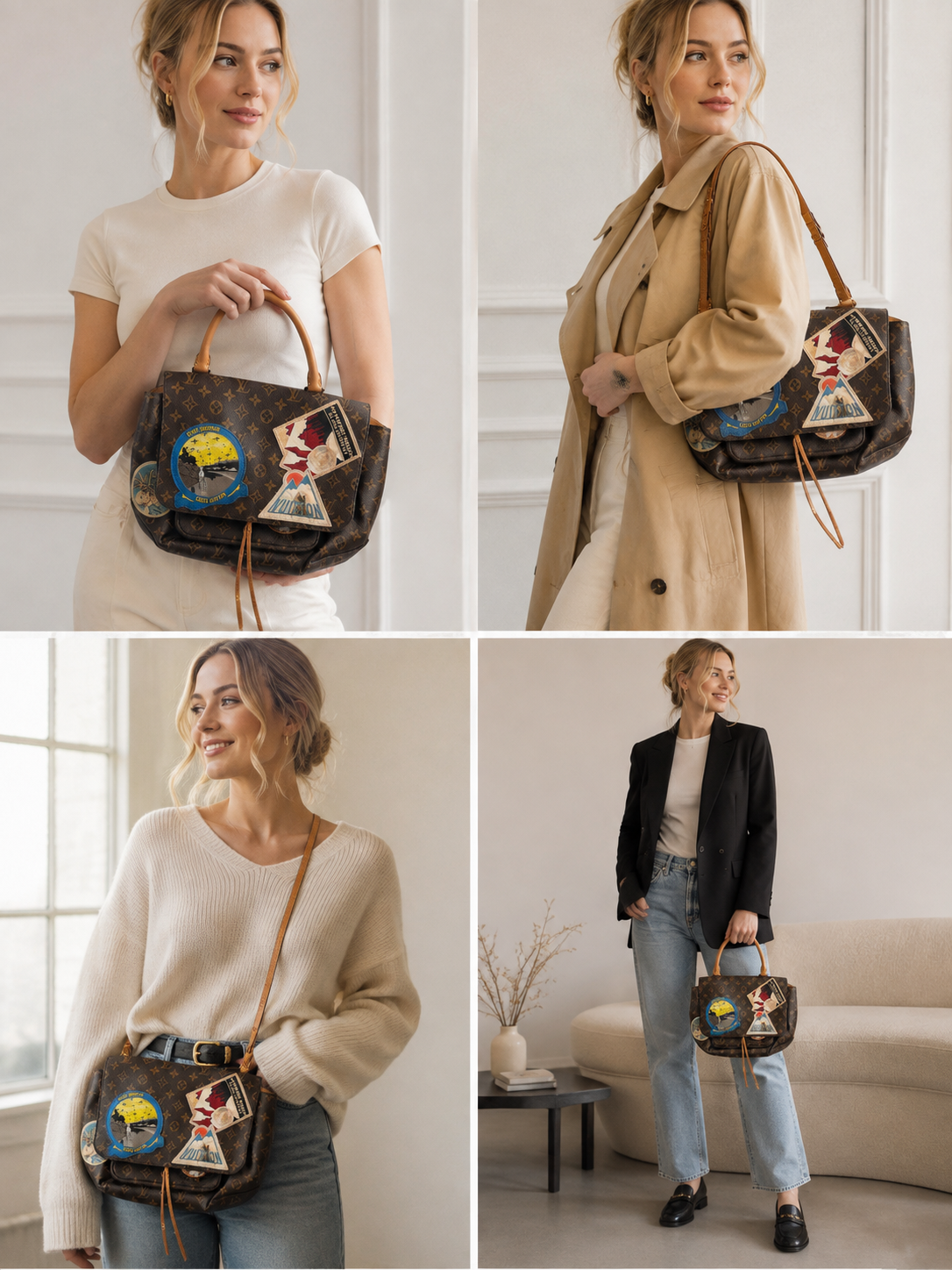 A four-panel collage showing a woman modeling a brown monogram shoulder bag with colorful patchwork embroidery. The top-left panel shows her in a white dress, the top-right in a beige trench coat, the bottom-left in a cream sweater, and the bottom-right in a black blazer with jeans.