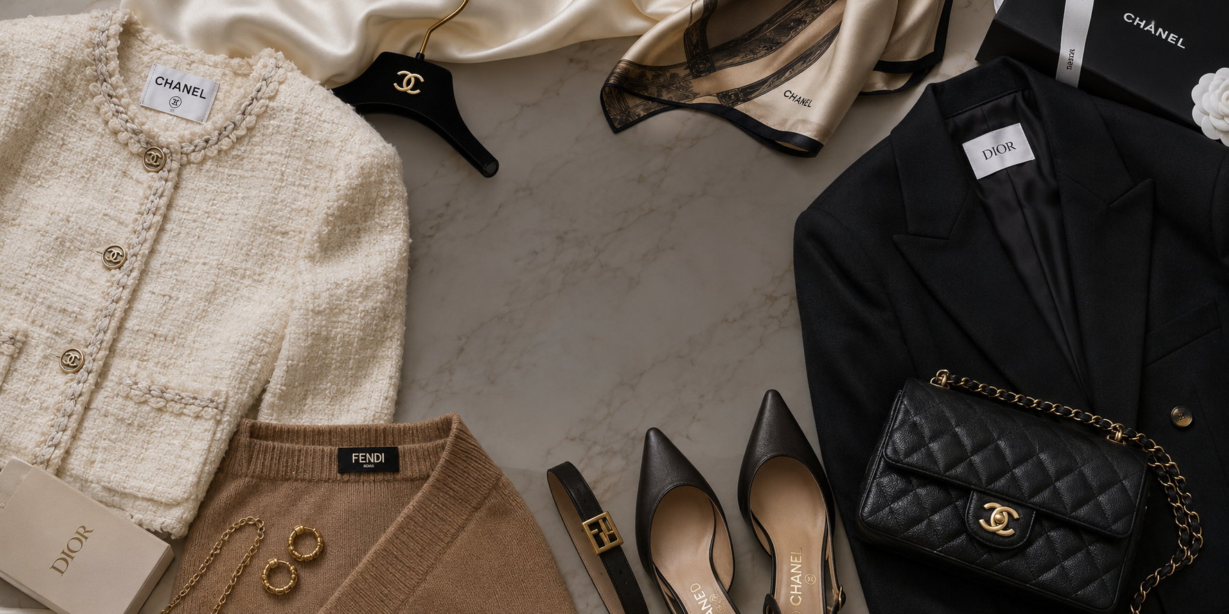 Curated luxury ready-to-wear clothing flat lay
